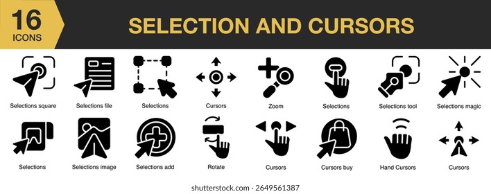 Selection And Cursor solid icon set. Includes cursor, click, pointer, mouse, point, and More. Solid icons vector collection.