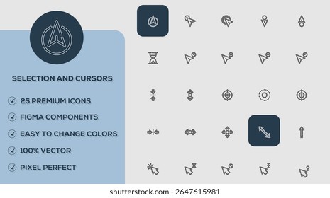 Selection and cursors Icons set. Vector illustration in modern thin line style of business related icons: teamwork, documents, devices, and more. Pictograms and infographics for mobile apps.