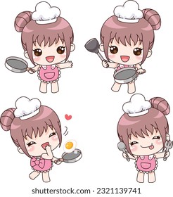 Selection of cute hand drawn pink apron cooking girls