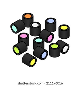 A selection of cylindrical / round colourful liquorice / licorice all-sorts. Individual pieces; can be rearranged.