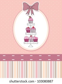 A selection of delicious cupcakes and muffins presented on multi-tiered display stand. wedding invitation