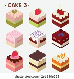 Una selección de deliciosos pasteles cuadrados, perfectos para diseños de panadería y postres. Un conjunto de nueve pasteles cuadrados de estilo de dibujos animados con varios sabores y coberturas.