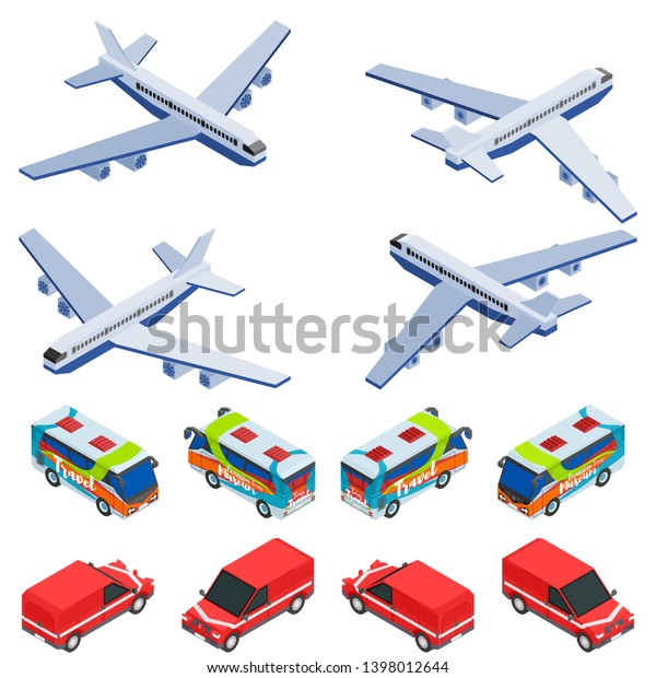 a selection of detailed transport isometric\
cars and airplanes