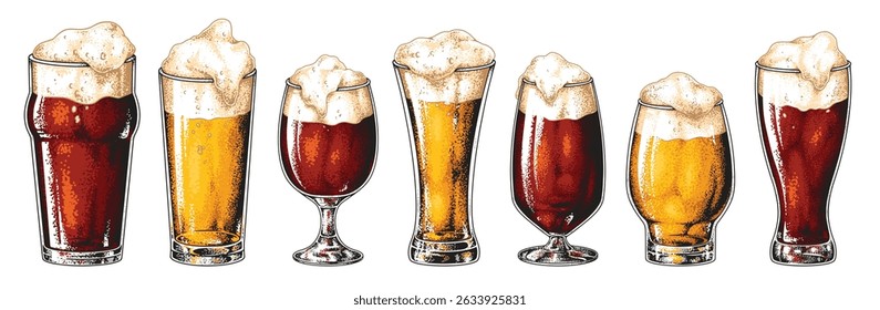 A selection of different beer styles showcases various colors and levels of froth. Each glass is uniquely shaped highlighting the diversity of this popular beverage.