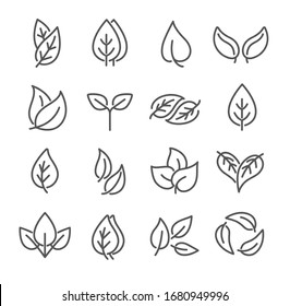 Selection of different black and white sketched eco leaves line drawings for design elements, vector illustration