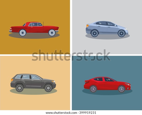 A\
selection of different cars. Vector\
illustration.