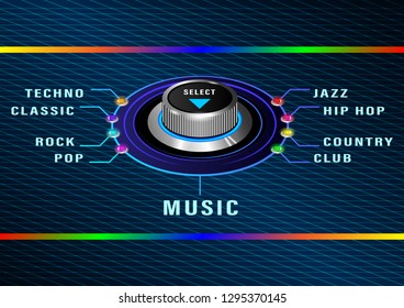 selection of different genres of music. Round control with colored bulbs on the metal corrugated panel. Front and side view. Realistic Vector Illustration