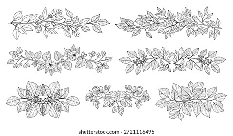 Seleção de diferentes arranjos de ramos florais horizontais desenhados à mão em estilo de arte de linha preto e branco para bordas decorativas e divisores.