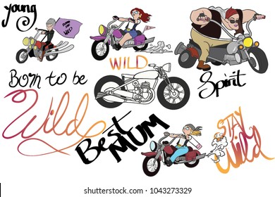 A selection of digitally hand drawn images of ladies on motor vehicles, representing age is just a number. These images can be used for any female in your life who is cool and young at heart