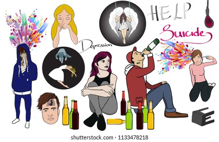 A selection of digitally hand drawn images of people, young and old suffering with horrible issues such as overdose, alcohol, death