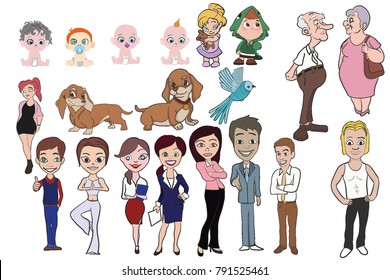 A selection of digitally hand drawn images of people, young and old along with two cute dogs and a bird.