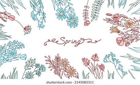 Selección de Doodle set de imágenes tierno primavera dibujada a mano, flores de verano coloreadas. Ilustración del vector