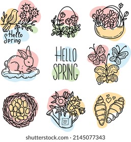 A selection of doodles with cute hand-drawn spring elements. A rabbit is sitting with eggs, butterflies are flying, a bird is sitting on a branch, There is a watering can with flowers.  