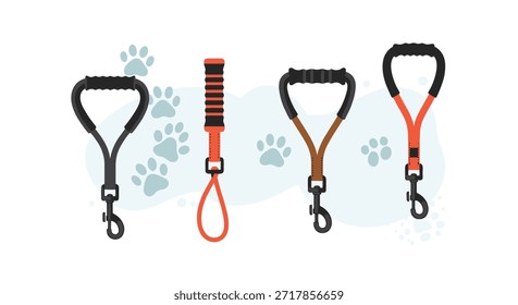 La selección de correas de perro duraderas con asas cómodas y Clips de metal seguros representa la seguridad de las mascotas y la propiedad responsable de los paseos al aire libre.