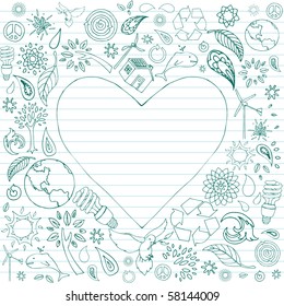 Selection eco  friendly doodles surround heart shaped text area 