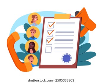 Selection of employees. Avatars of men and women near notepad. Headhunting and recruitment. HR manager with job candidates resume. Flat vector illustration isolated on white background