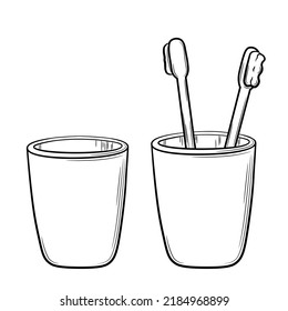 A selection of an empty glass and a set of toothbrushes for the family. Black line art in hand drawn doodle style. Isolated vector illustration.