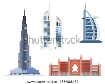 A selection of famous buildings from Dubai. flat style vector