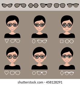 Selection of female sunglasses to different shapes of a face. Vector