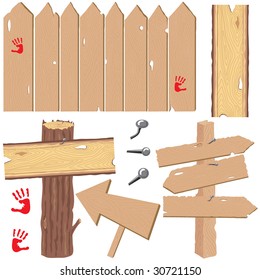 Selection of fence with knot holes, directional signs and log post with knotty plank  wood sign