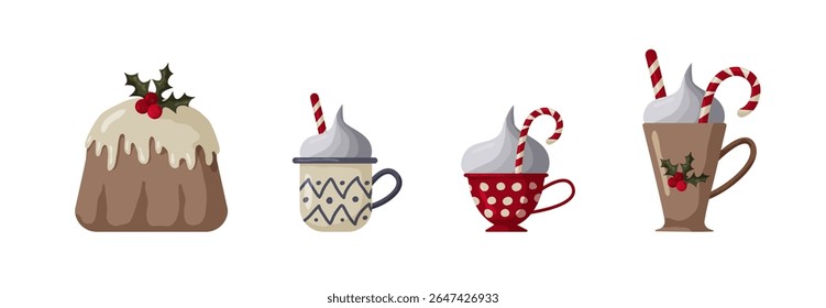Uma seleção de doces de férias festivas mostra um pudim rico coberto com azevinho, juntamente com canecas encantadoras cheias de bebidas cremosas e varas de hortelã-pimenta. Perfeito para celebrações sazonais.