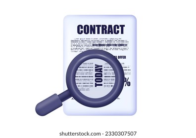 Selection, filling and verification of the contract 3d. Search, magnifying glass, registration of a deal, partnership agreement, selection of a document. Paper contract data, new contract. Vector.