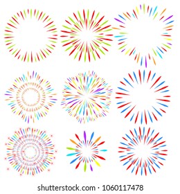 Selection of fireworks on white isolated background. Vector holiday elements for design.