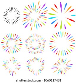 Selection of fireworks on white isolated background. Vector holiday elements for design.