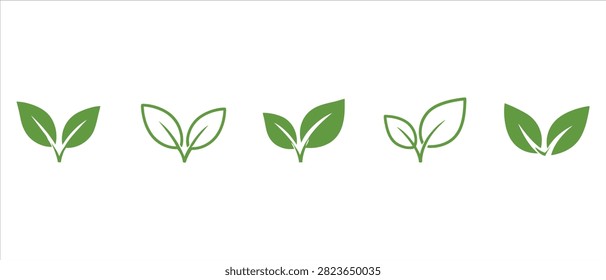 A selection of five dual leaf sprig illustrations in green