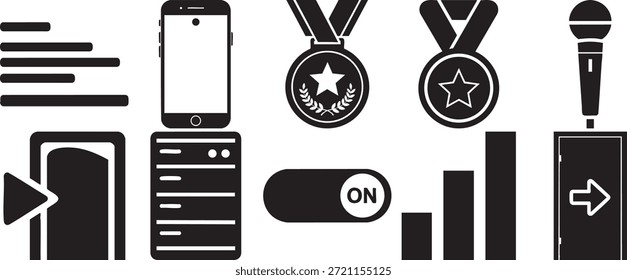 Auswahl von flachen schwarzen Symbolen für die Entwicklung mobiler Apps und Webschnittstellen. Symbole, die die Leistung der Konnektivitätshardware darstellen, belohnen Audioeinstellungen und Navigationsnavigationspfade.