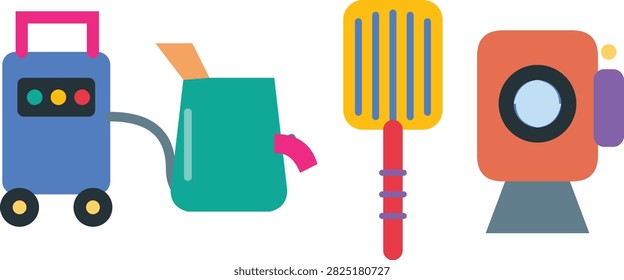 Selection of flat vector illustrations depicting heavy construction machines yellow bulldozer red dumper truck and crane crane hook.