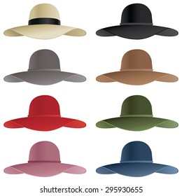 A selection of floppy hats in various colors.