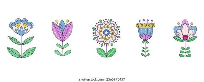 A selection of flowering fantasy plants in the Scandinavian style. Isolated Objects