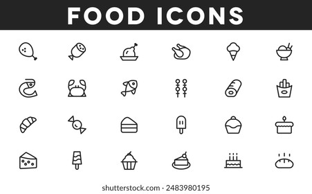 selection with food icons, showcasing delicious treats like cake, candy, and ice cream. Enjoy a taste of protein-packed options including chicken, crab