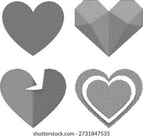 Una selección de cuatro Formas de corazón únicas representadas en un patrón de puntos semitono blanco y negro, ideal para Elementos de diseño.