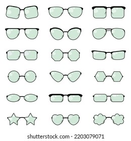 A selection of glasses with black frames and green glass of various shapes in eighteen variants.