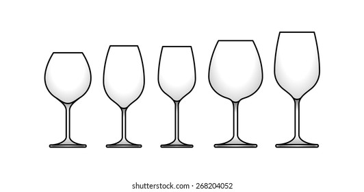 A selection of glasses: general, red, burgundy, bordeaux and white wines.