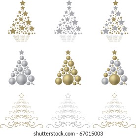 A selection of gold and silver stylised Christmas trees on a white background.