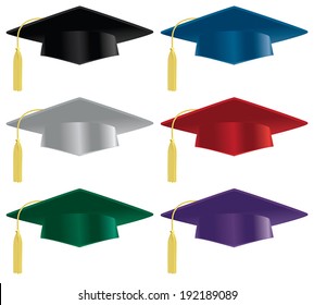 A selection of graduation hats in a variety of colors.