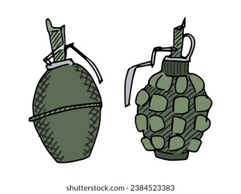 selección de las granadas armas esbozar el dibujo del doodle multicolor. imagen de doodle en vector de existencias