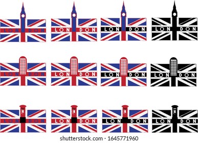 A selection of hand drawn London flags including big ben, telephone box and post box
