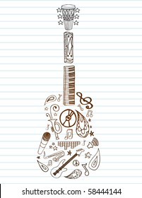 Selection of hand drawn music doodles make up guitar shape on lined paper. Room for your text.