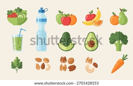 A selection of healthy food options including fruits, vegetables, nuts, and water, promoting a balanced and nutritious diet.