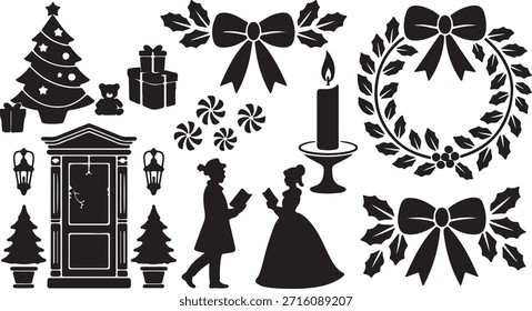 Selection of holiday silhouette decoration elements. Includes christmas trees, presents, bows, candle, and carolers. Great for winter seasonal decoration, holiday cards, and festive designs. Use these elements for scrapbooking, cards, invitations, and other creative projects.