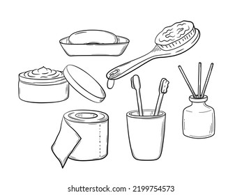 A selection of hygiene items for the bathroom and toilet.
Medical and hygiene goods. Vector isolated illustration in sketch style.