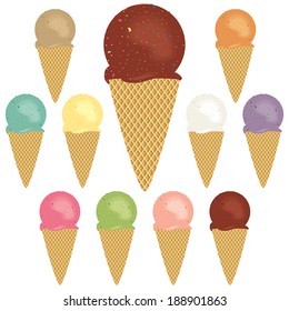 A selection of ice cream cone flavors.