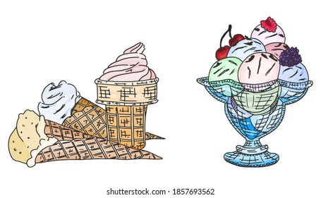 una selección de helados en una taza y gofre. material de dibujo vectorial