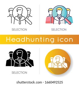 Auswahlsymbol. Lineare Schwarz- und RGB-Farbstile. Executive Search, professionelle Headhunting, Arbeitsagentur. Stellenbewerber, Rekrutierungen unter Lupe einzelne Vektorgrafiken