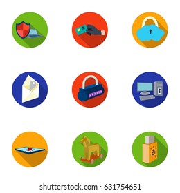 A selection of icons about protection and breaking. Modern technology of protection against breaking. Hackers and hacking icon in set collection on flat style vector symbol stock illustration.