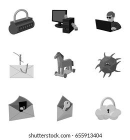 A selection of icons about protection and breaking. Modern technology of protection against breaking. Hackers and hacking icon in set collection on monochrome style vector symbol stock illustration.